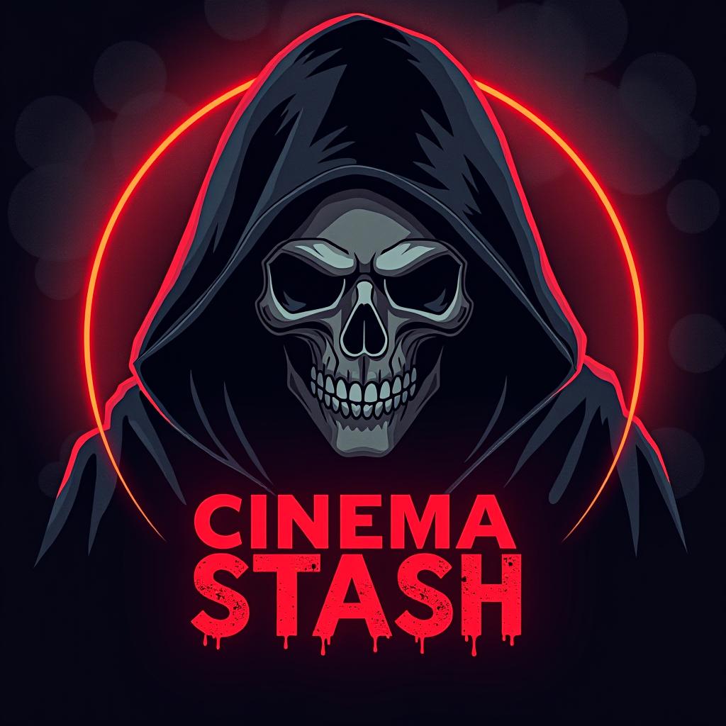  a movie poster logo of word "cinema stash", dark theme include character