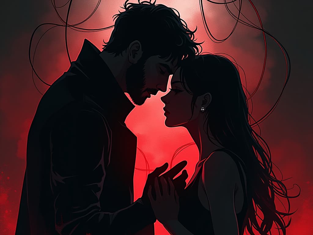  relationship strained, shadows weaving through connecting threads, mood of doubt and fear. the style is digital art illustration / modern comic book / graphic dark novel fantasy and mysterious occult, symbolic, moody lighting, esoteric vibe,high detail on character design. for the color scheme emphasize blacks and reds.