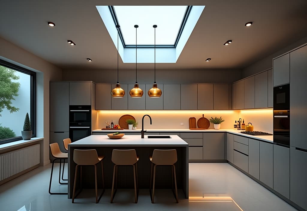  a landscape photo of a contemporary kitchen with a skylight, featuring modern track lighting along the ceiling, and a series of small, colorful pendant lights adding a pop of color over a breakfast bar hyperrealistic, full body, detailed clothing, highly detailed, cinematic lighting, stunningly beautiful, intricate, sharp focus, f/1. 8, 85mm, (centered image composition), (professionally color graded), ((bright soft diffused light)), volumetric fog, trending on instagram, trending on tumblr, HDR 4K, 8K