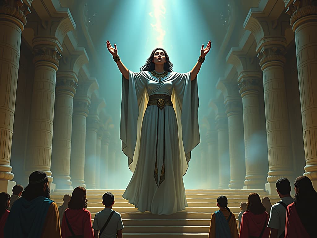  a large busted priestess in flowing, silver robes, standing on the steps of an ancient temple, her hands raised, a radiant light emanating from her, people below looking up in awe, symbolizing the instillation of lasting empowerment and possibility. the style is digital art illustration / modern comic book / mysterious occult, symbolic, esoteric vibe,high detail on character design, incorporating ancient egyptian symbology and attire.