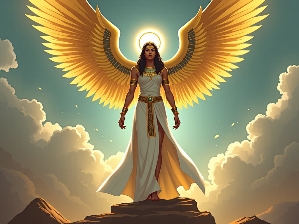  golden winged angel, clad in form fitting white garments, towering over a serene landscape, halos glowing, exuding divine aura. the style is digital art illustration / modern comic book / mysterious occult, symbolic, esoteric vibe,high detail on character design, incorporating ancient egyptian symbology and attire.