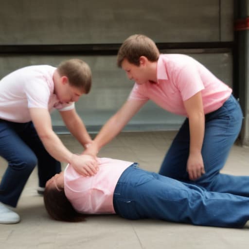 two people dragging an unconscious third person by the elbows