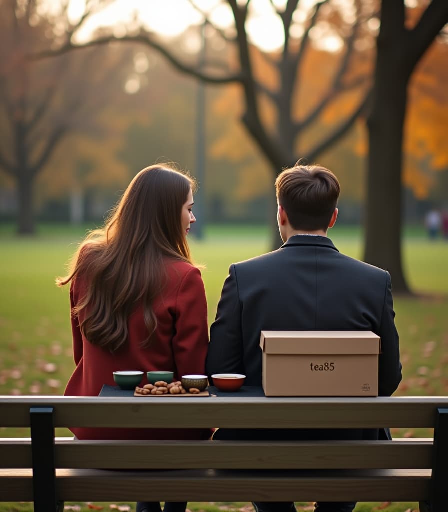  city ​​park, autumn, evening, beautiful russian guy and girl are sitting on a bench in the park, drinking tea from bowls, tea ceremony, to the bench is chinese tea utensils, on the bench is a cardboard small box with an inscription, text on box [drawing text] (with text “tea875"), hyper realistic, 4k