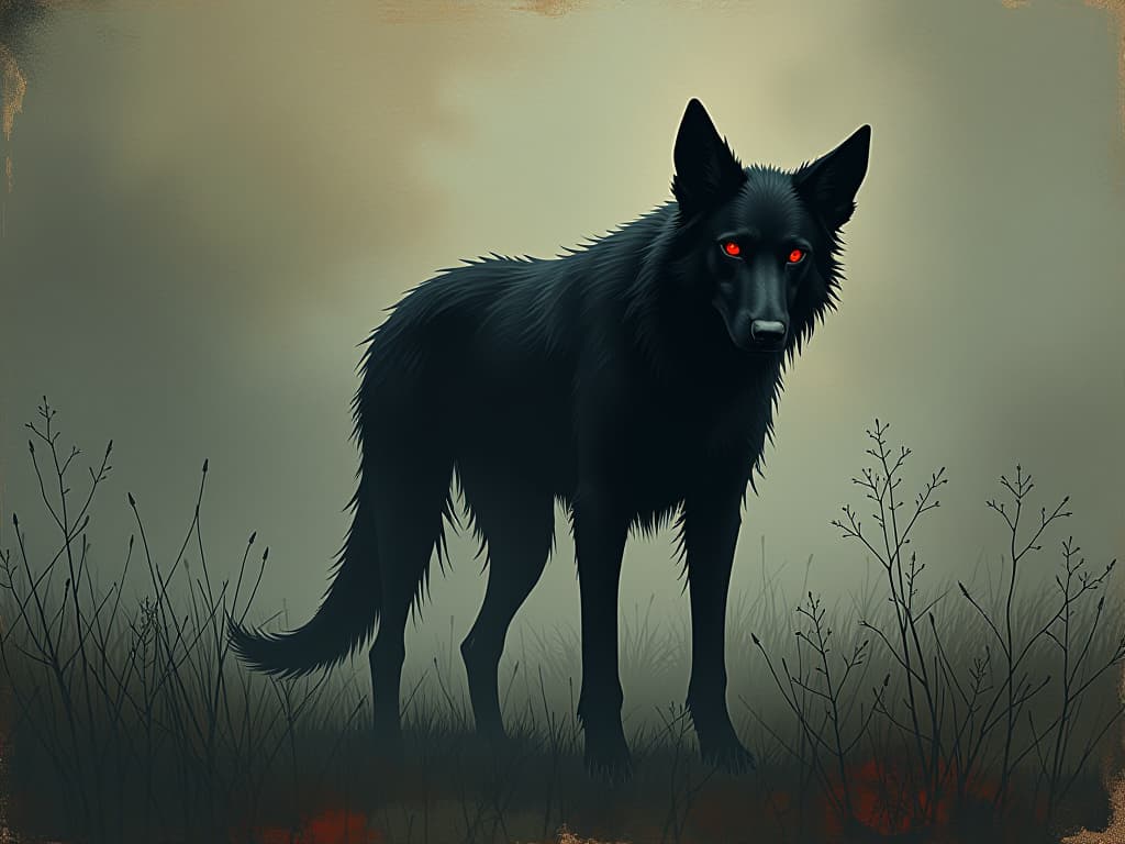  ghostly black hound with glowing red eyes, spectral form, tattered fur, standing in a misty field, eerie, menacing. an illustration in the style of a worn, mystical old tarot trump card, mysterious and elements of surrealism. the colors are muted, somber and eerie, but with contrast bring out an occult and esoteric vibe.