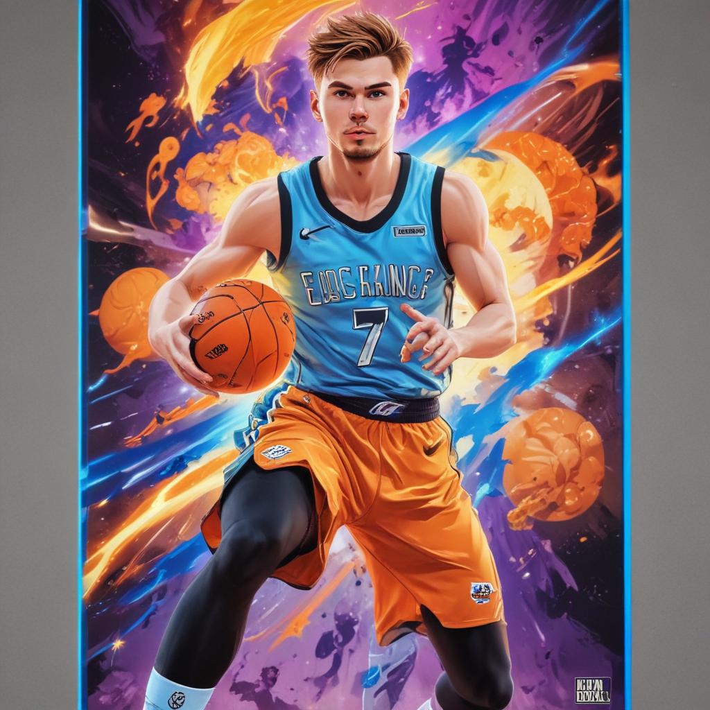 distance-shot, flashy, full-body, dynamic, holographic, animated cartoon poster of luka doncic in the style of dragon ball super