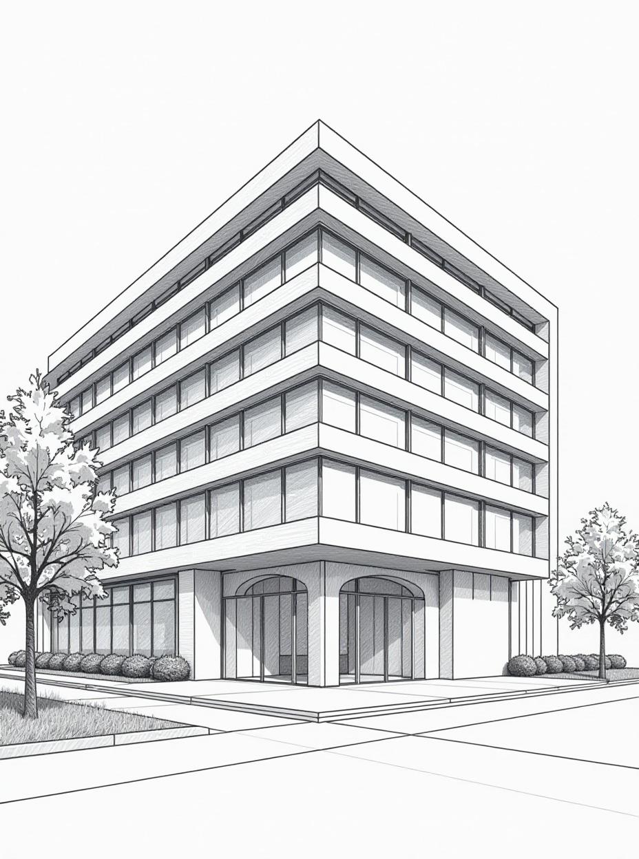  create a line sketch of the exterior of a building. the entrance in front is arched. the building is 6 stories high and horizontally long. the rest of the building is glass the view has to be from infront, high quality, high details, hd, perfect composition, 4k epic detailed, highly detailed, sharp focus, high resolution