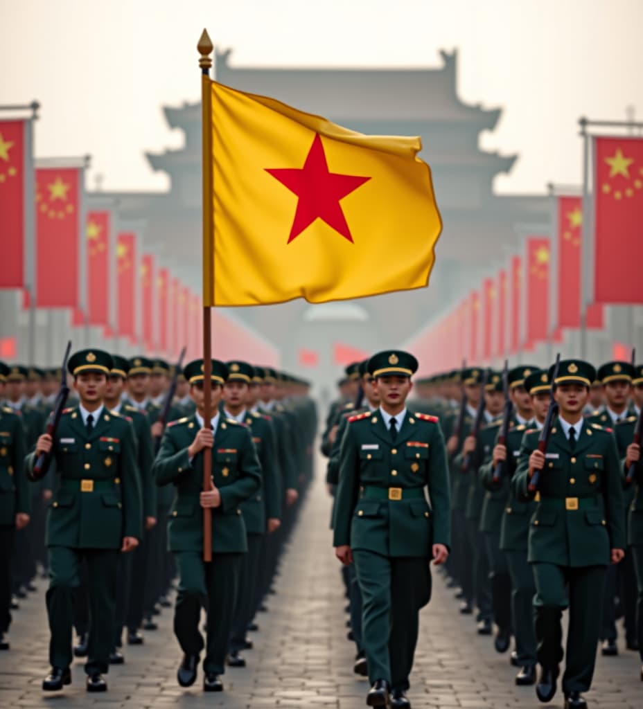  chinese army marching in dutch city, yellow banner, red star center, high quality, high details, hd, perfect composition, 4k epic detailed, highly detailed, sharp focus, high resolution