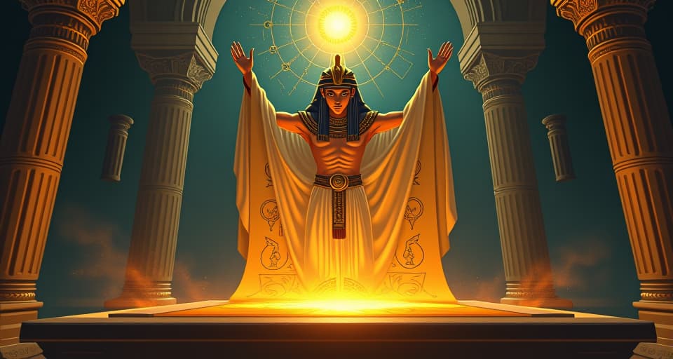  an ancient, glowing scroll unfurled on an altar, with celestial symbols and constellations, a sacred aura, symbolizing clarity of purpose and divine guidance. the style is digital art illustration / modern comic book / mysterious occult, symbolic, esoteric vibe,high detail on character design, incorporating ancient egyptian symbology and attire.