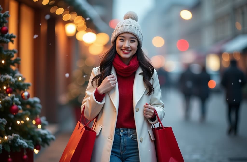  professional detailed photography, smiling asian woman in light winter hat with red shopping bags, white coat and blue jeans, red scarf, going on evening christmas street. snow is falling , (muted colors, dim colors, soothing tones), (vsco:0.3)