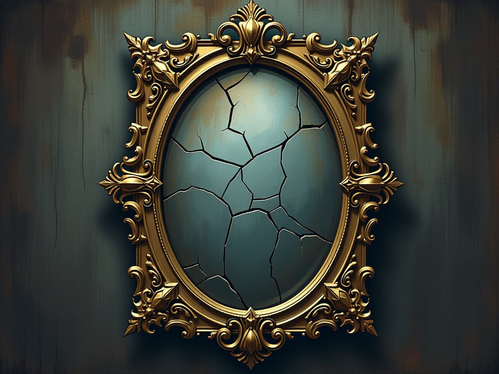  an ancient, cracked mirror, ornate frame with faded gilding, reflections distorted and fragmented, relic from another era, melancholic. an illustration in the style of a worn, mystical old tarot trump card, mysterious and elements of surrealism. the colors are muted, somber and eerie, but with contrast bring out an occult and esoteric vibe.