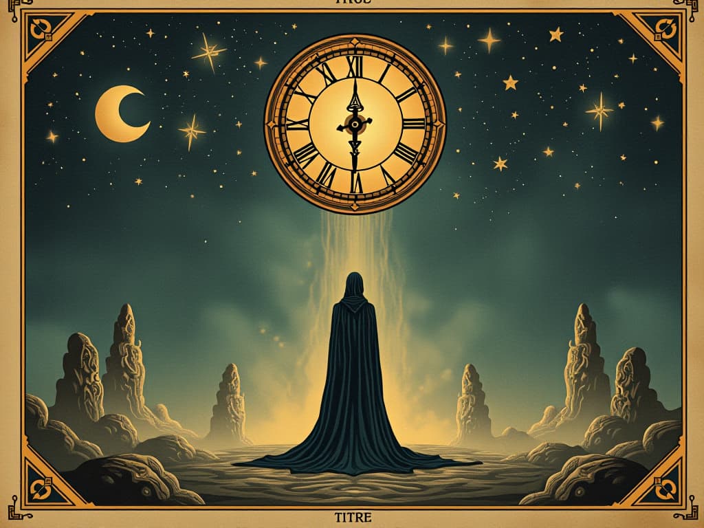  a human figure standing under a celestial clock, ebb and flow of time, cosmic rhythms, ancient timepieces, timeless existence. an illustration in the style of a worn, mystical old tarot trump card, mysterious and elements of surrealism. the colors are muted, somber and eerie, but with contrast bring out an occult and esoteric vibe.