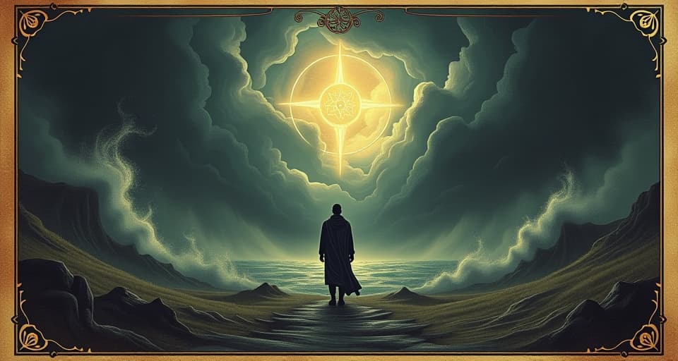  a fierce storm with a lone figure at its center, firm and resolute, spiritual test, divine purpose. an illustration in the style of a worn, mystical old tarot trump card, mysterious and elements of surrealism. the colors are muted, somber and eerie, but with contrast bring out an occult and esoteric vibe.