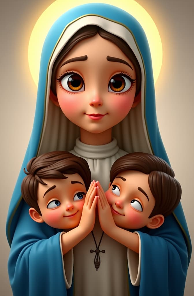  mujer católica santa como una virgen, con mantos en azul y blanco como la virgen de fátima y niños arrodillados a sus pies , disney pixar poster, pixar movie style, animated disney cartoon face, disney face, portrait, cute face, round face, cartoon character, disney character, disney animated movies, disney pixar hyperrealistic, full body, detailed clothing, highly detailed, cinematic lighting, stunningly beautiful, intricate, sharp focus, f/1. 8, 85mm, (centered image composition), (professionally color graded), ((bright soft diffused light)), volumetric fog, trending on instagram, trending on tumblr, HDR 4K, 8K