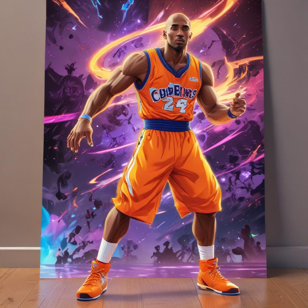 distance-shot, flashy, full-body, dynamic, holographic, animated cartoon poster of kobe scene in the style of dragon ball super