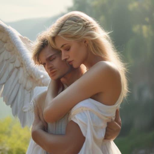 A beautiful winged male angel holding a blonde woman crying in his arms in Cinematic style with Nature background