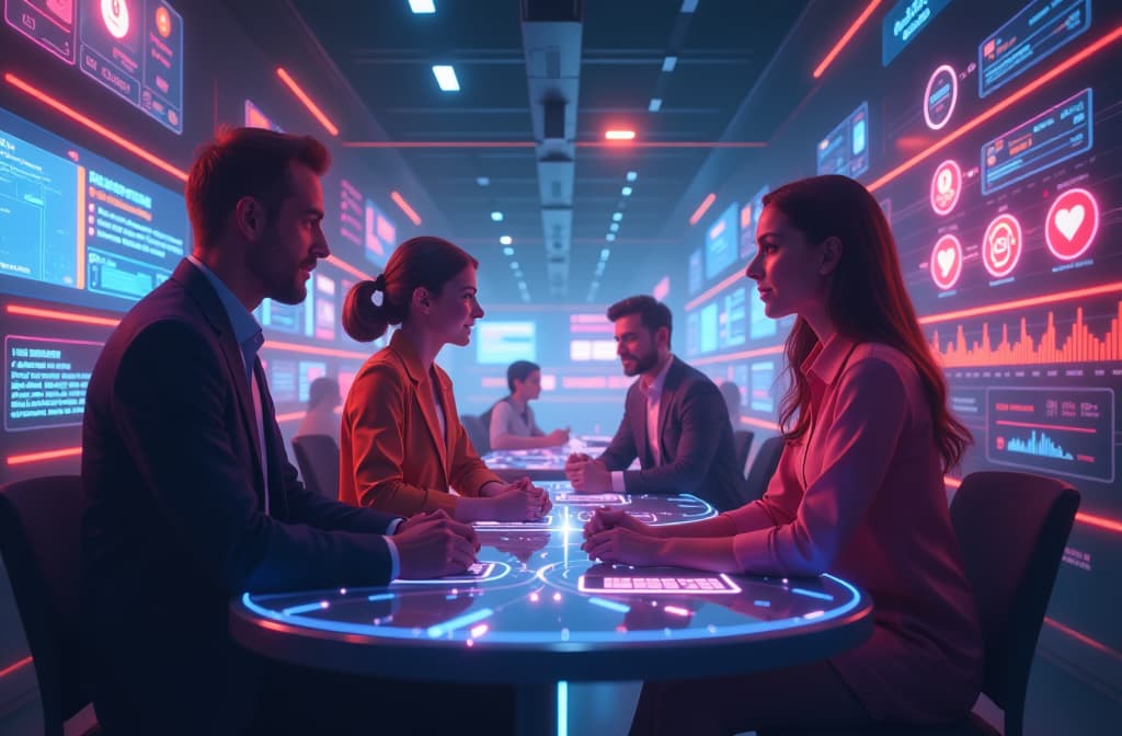  "create an image of a futuristic communication hub filled with colorful visual waves and glowing sound frequencies representing voices. the scene features diverse digital avatars engaging in animated conversations, surrounded by holographic interfaces displaying chat messages and emoticons, all set against a sleek, high tech background." hyperrealistic, full body, detailed clothing, highly detailed, cinematic lighting, stunningly beautiful, intricate, sharp focus, f/1. 8, 85mm, (centered image composition), (professionally color graded), ((bright soft diffused light)), volumetric fog, trending on instagram, trending on tumblr, HDR 4K, 8K