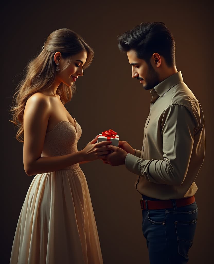  hdr photo of a beautiful woman in a dress gives a man in a shirt a small gift, a model, on a dark brown background . high dynamic range, vivid, rich details, clear shadows and highlights, realistic, intense, enhanced contrast, highly detailed