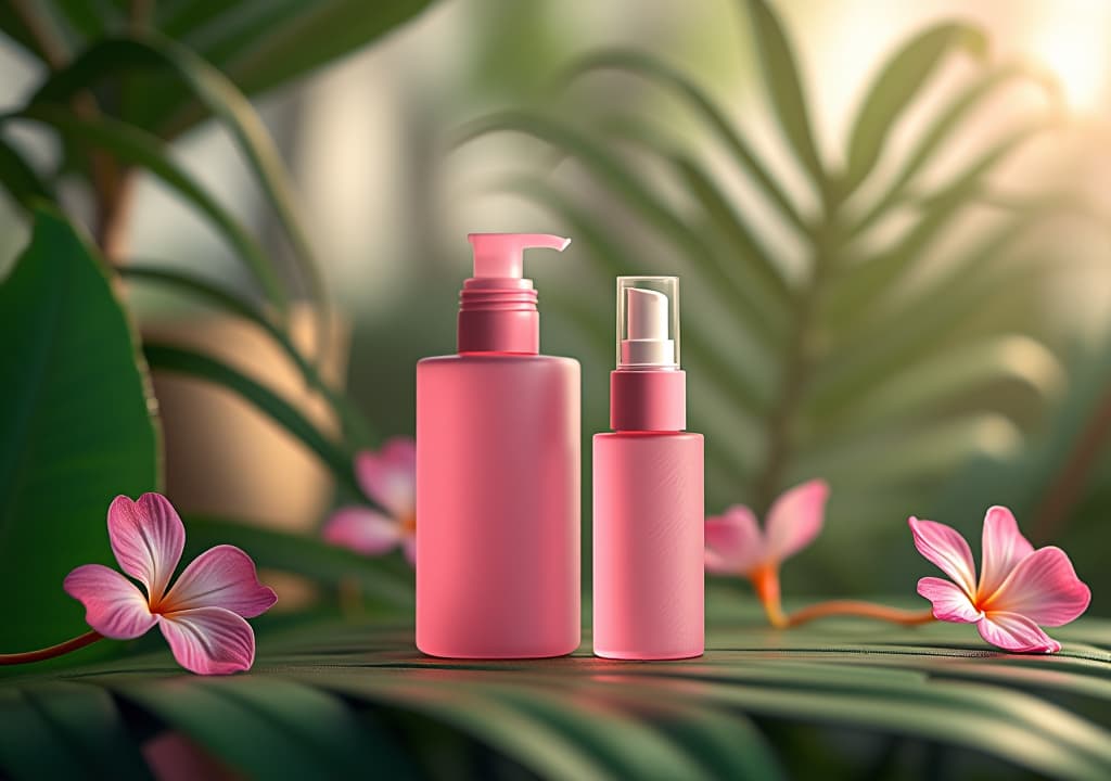  pink beauty product mockup on tropical leaves background., high quality, high details, hd, perfect composition, 4k epic detailed, highly detailed, sharp focus, high resolution