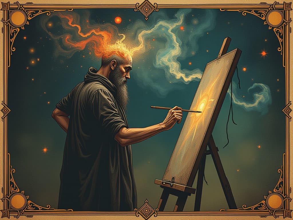  a person painting multicolored universes on a canvas, creator of new realities, intricate details, creative manifestation. an illustration in the style of a worn, mystical old tarot trump card, mysterious and elements of surrealism. the colors are muted, somber and eerie, but with contrast bring out an occult and esoteric vibe.