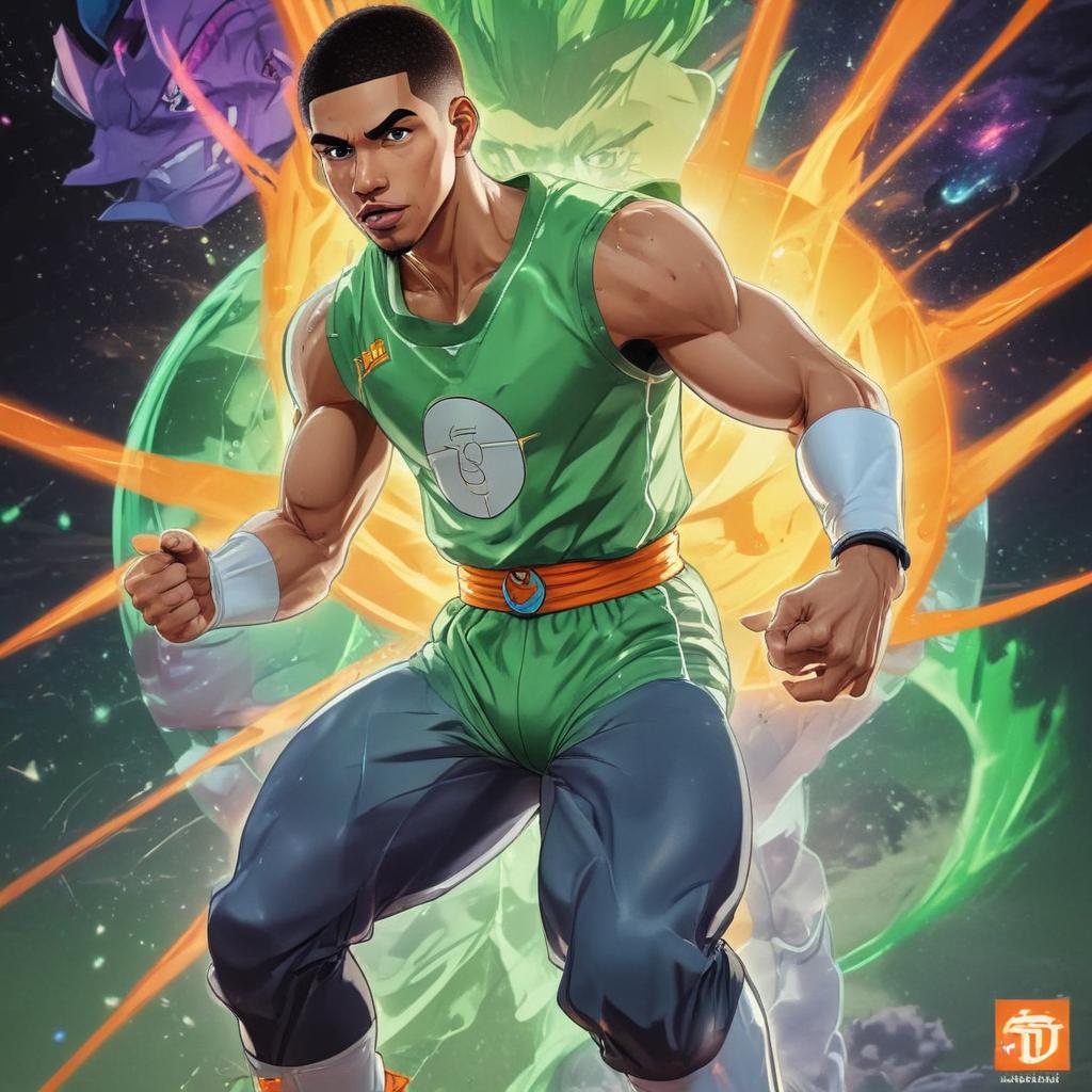 distance-shot, flashy, full-body, dynamic, holographic, animated cartoon poster of jayson tatum in the style of dragon ball super