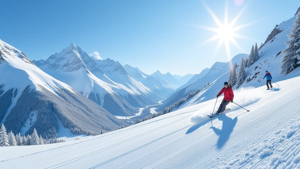  prompt: create a hyper realistic image capturing the early start of the ski season in livigno, italy, showcasing perfectly groomed slopes with impressive snow cover. the scene should feature skiers and snowboarders enjoying the breathtaking alpine setting, under a clear blue sky filled with sunlight. include prominent branding of livigno ski resort, with logos of local hotels, restaurants, and shops visible in the background. emphasize meticulous snow preparation, with snowmaking equipment and m