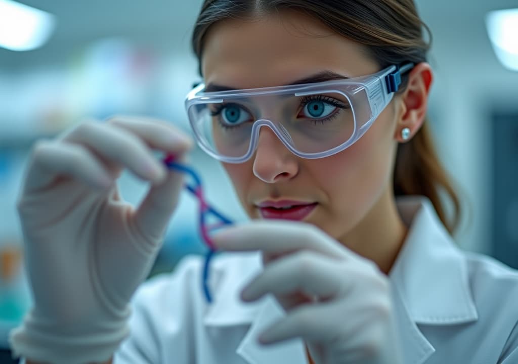  a female scientist wearing safety goggles examines a strand of dna in a lab setting.