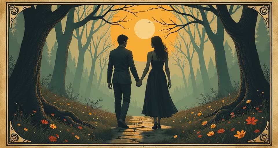  couple walking hand in hand, peaceful expressions, sense of love and connection, tranquil. an illustration in the style of a worn, mystical old tarot trump card, mysterious and elements of surrealism. the colors are muted, somber and eerie, but with contrast bring out an occult and esoteric vibe.