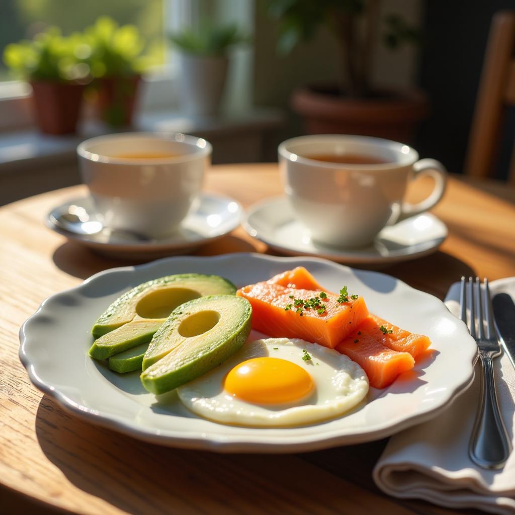  healthy breakfast with eggs, avocado, salmon and hot tea on the table sunny day {prompt}, maximum details