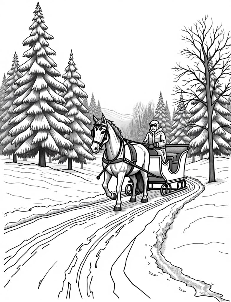  this is for an adult coloring page. a detailed black and white line art of a snowy horse drawn sleigh making its way through a snowy path on a solid white background.