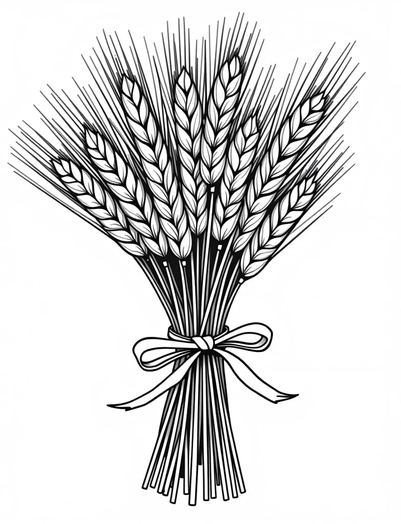  a detailed close up of a bundle of wheat tied with a ribbon, black and white line art on a white background, for an adult coloring page.