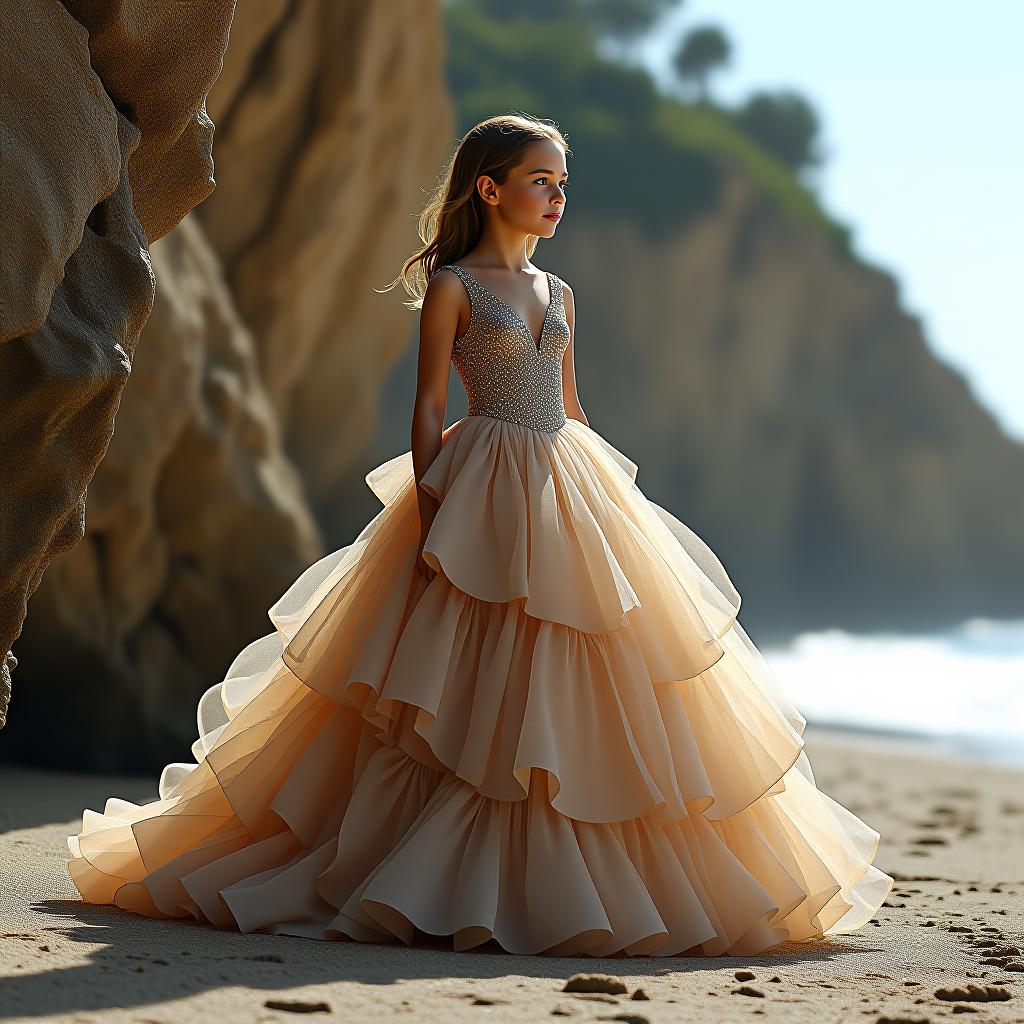  the girl stands by the rock in a couture dress resembling the texture of the cliff.