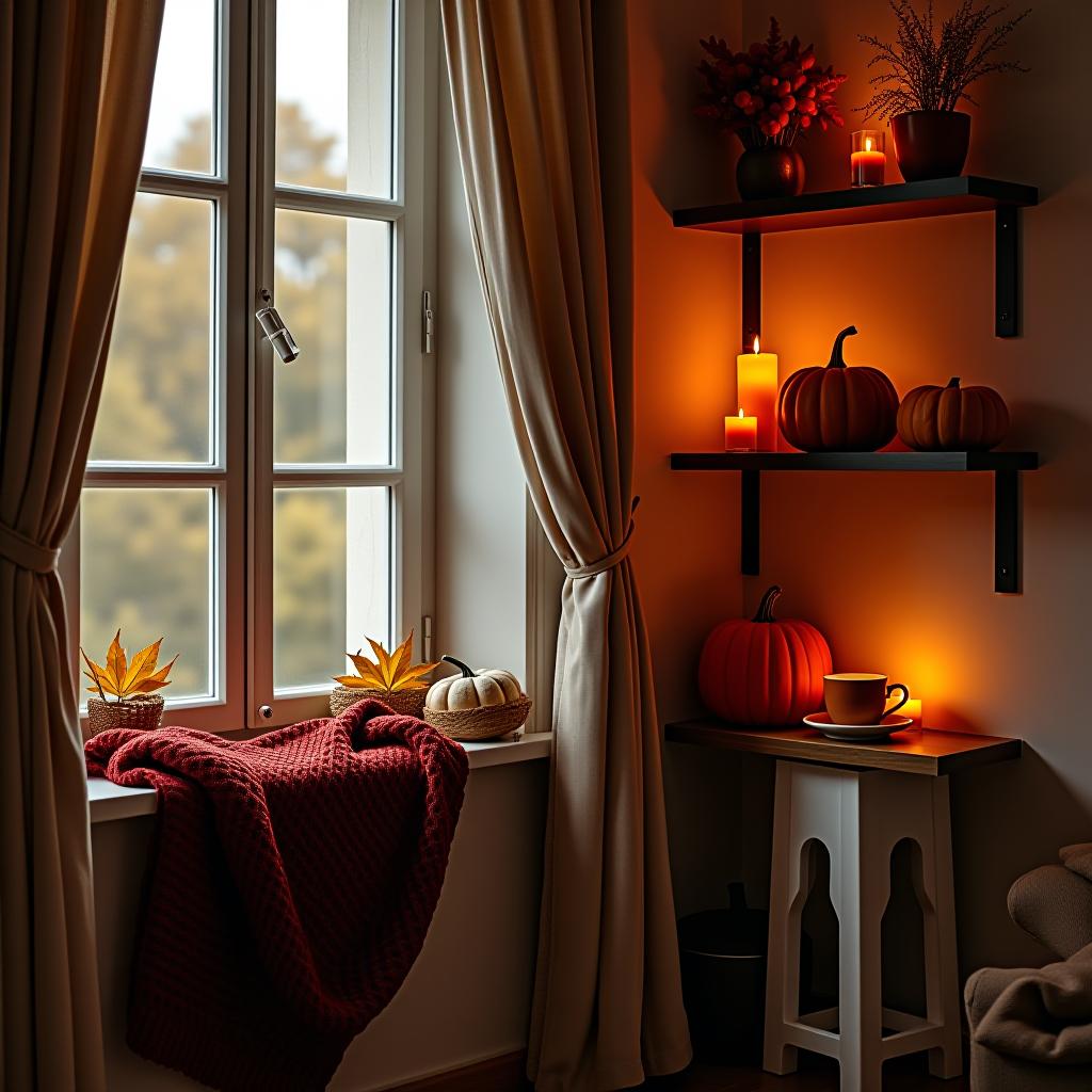  autumn photo zone. window, side view. under the window, there are high wooden steps. a burgundy knitted blanket is across the steps. to the right of the window, there is a shelf with shelves, adorned with pumpkins, baskets of apples, candles, dry yellow leaves, and glowing fairy lights. on the windowsill sits a with an orange cup of tea. a beige curtain hangs from the window.