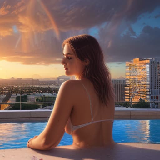 Draw a girl. The scene takes place in a swiming pool of a roof top appartement in Las Vegas. We can see the casino and a rainbow in the Sky. The girl seems to be gorgeous.