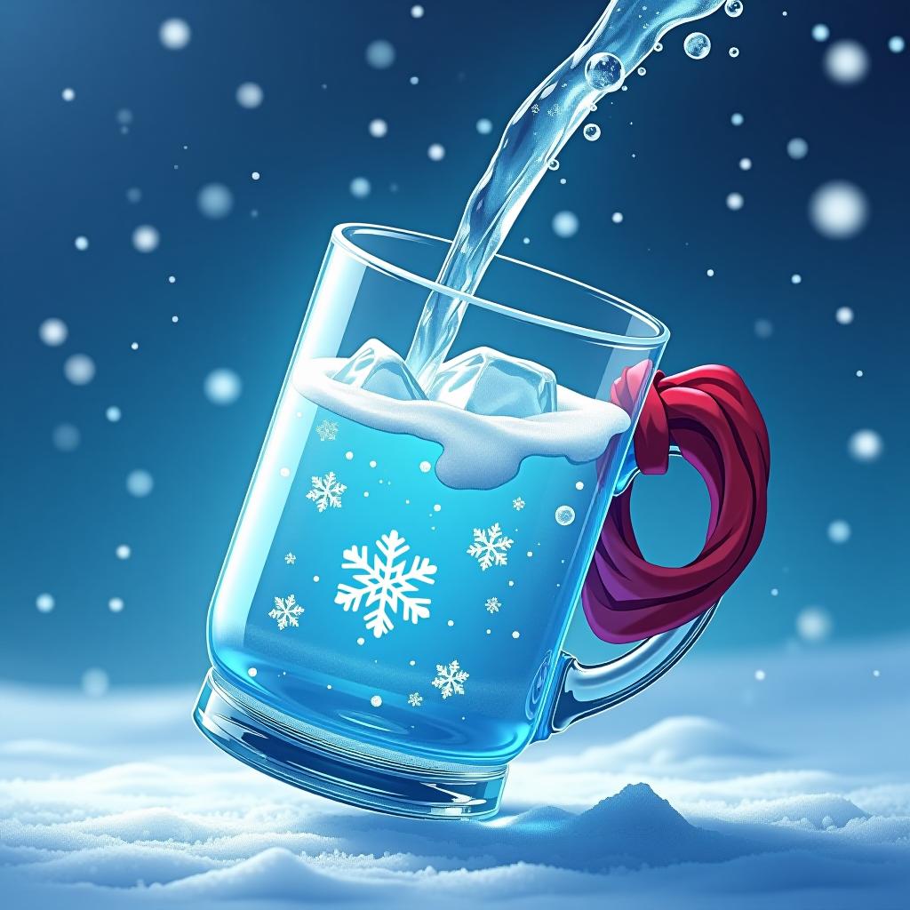  a fantasy style tilted glass mug featuring winter theme with snow in it. all the contents of the glass are pouring like water. details. colorful with brilliant blue background. suspended in space. sparkling and beautiful snowflakes like a wreath. a red scarf is wrapped around the handle of the glass. pieces of ice in glass. cartoon. studio ghibli anime. 1:1 size for profile. firooze hyperrealistic, full body, detailed clothing, highly detailed, cinematic lighting, stunningly beautiful, intricate, sharp focus, f/1. 8, 85mm, (centered image composition), (professionally color graded), ((bright soft diffused light)), volumetric fog, trending on instagram, trending on tumblr, HDR 4K, 8K