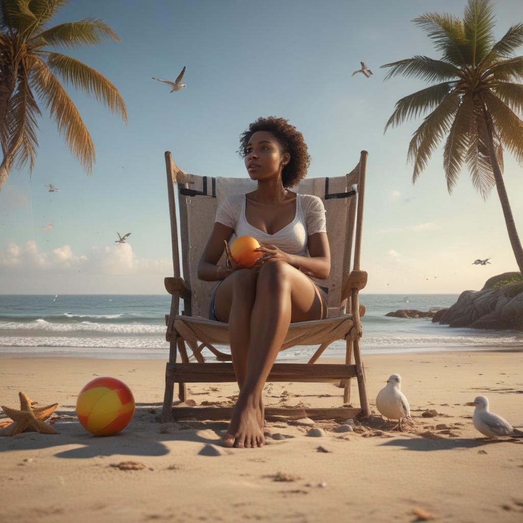 ((masterpiece)),(((best quality))), 8k, high detailed, ultra detailed, A black woman sitting on a beach, beach chair, beach ball, starfish, (seagulls circling overhead) hyperrealistic, full body, detailed clothing, highly detailed, cinematic lighting, stunningly beautiful, intricate, sharp focus, f/1. 8, 85mm, (centered image composition), (professionally color graded), ((bright soft diffused light)), volumetric fog, trending on instagram, trending on tumblr, HDR 4K, 8K