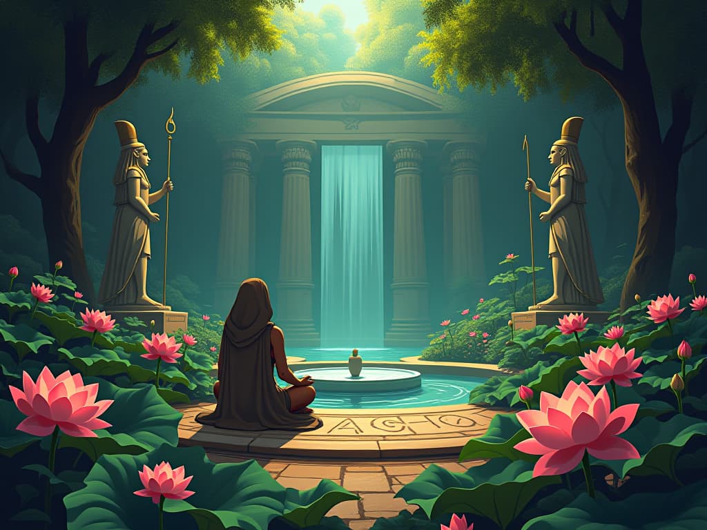  a secluded garden filled with lotus flowers and statues of gods, a figure meditating near a fountain, ambiance of tranquility and spiritual flourishment. the style is digital art illustration / modern comic book / mysterious occult, symbolic, esoteric vibe,high detail on character design, incorporating ancient egyptian symbology and attire.