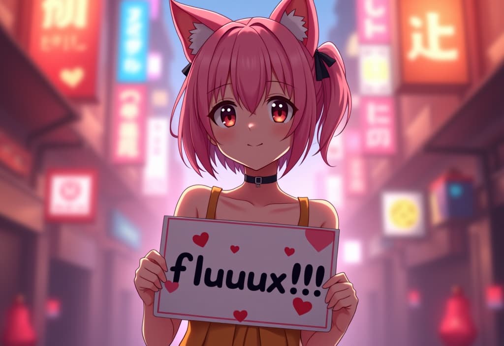  anime women, medium s, smile, deathlock san, , short hair, pink hair, cat ears, ponytail, yellow dress, upper body, hearts, holding sign that says "fluuuux!!!!" hyperrealistic, full body, detailed clothing, highly detailed, cinematic lighting, stunningly beautiful, intricate, sharp focus, f/1. 8, 85mm, (centered image composition), (professionally color graded), ((bright soft diffused light)), volumetric fog, trending on instagram, trending on tumblr, HDR 4K, 8K