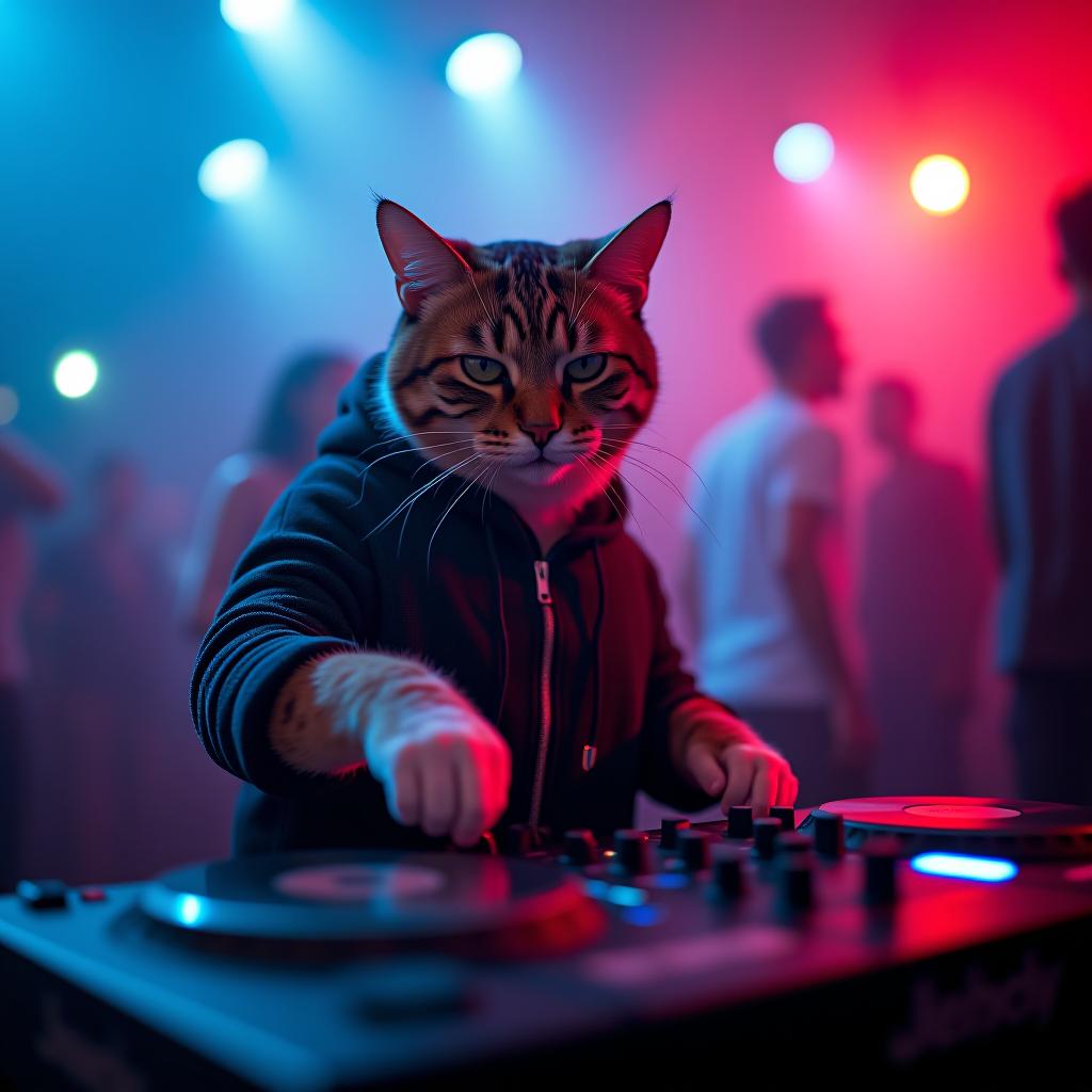  a cat djying on a gay party hyperrealistic, full body, detailed clothing, highly detailed, cinematic lighting, stunningly beautiful, intricate, sharp focus, f/1. 8, 85mm, (centered image composition), (professionally color graded), ((bright soft diffused light)), volumetric fog, trending on instagram, trending on tumblr, HDR 4K, 8K