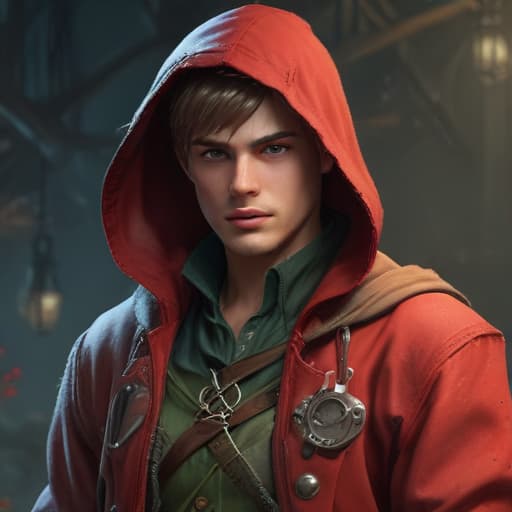 Red riding hood, Robin Hood and twink in a hoodie, steampunk, concept art, digital painting, artstation, dynamic lighting, ultra detailed, high quality