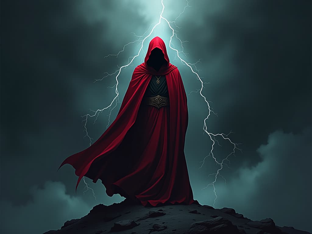  person in red robes, standing firm against dark storm, symbol of holding true to values. the style is digital art illustration / modern comic book / graphic dark novel fantasy and mysterious occult, symbolic, moody lighting, esoteric vibe,high detail on character design. for the color scheme emphasize blacks and reds.