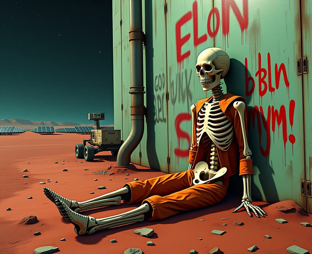  a red hand written spray as graffiti text (uppercase )"elon musk", ((lowercase)) "b bl n mym !"; a science fiction illustration. front view of a discarded skeleton as corpse in a orange violet suit on the ground feet against the wall,wall of an industrial facilitie with cisterns. fields of solar panels at horizon. mutliple graffiti on walls, industrial complex, metalic green walls covered with rust, red sand, mars rover on the side, broken mecanials parts against a wall, trash on the ground; the background is a night sky stars constellation in dark sky. hyperrealistic, full body, detailed clothing, highly detailed, cinematic lighting, stunningly beautiful, intricate, sharp focus, f/1. 8, 85mm, (centered image composition), (professionally color graded), ((bright soft diffused light)), volumetric fog, trending on instagram, trending on tumblr, HDR 4K, 8K