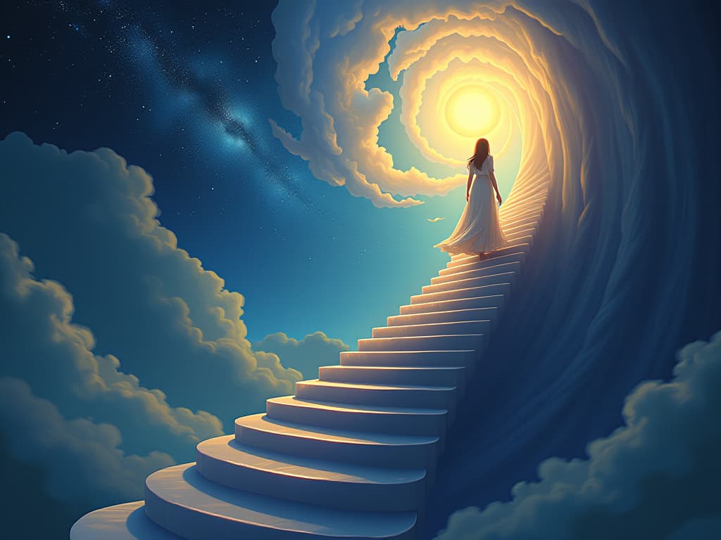  a mystical being ascending a spiral staircase of light in a celestial landscape, representing trust in inner knowing and ascension. radiant, ascendant, celestial.. the style is digital art illustration,highly detailed, whimsical,magical, dreamlike atmosphere, realism and fantasy blend, smooth, glossy textures,luminous quality, wonder and enchantment.