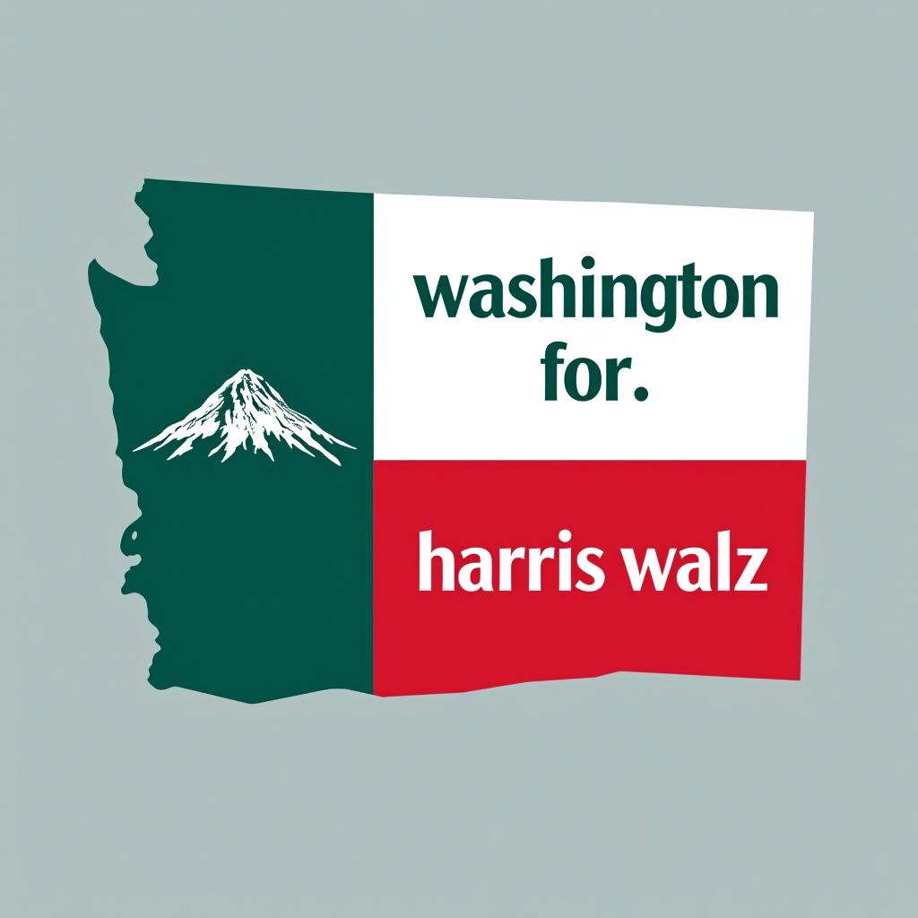  a design inspired by the washington state flag. the left side features a green vertical stripe with mt. rainer in the center. the right side is divided into two horizontal sections: the top section is white with the text 'washington for' in bold, green, uppercase letters, and the bottom section is red with the text 'harris walz' in bold, white, uppercase letters. the overall layout is clean and straightforward, with a clear and patriotic color scheme of blue, white, and red.