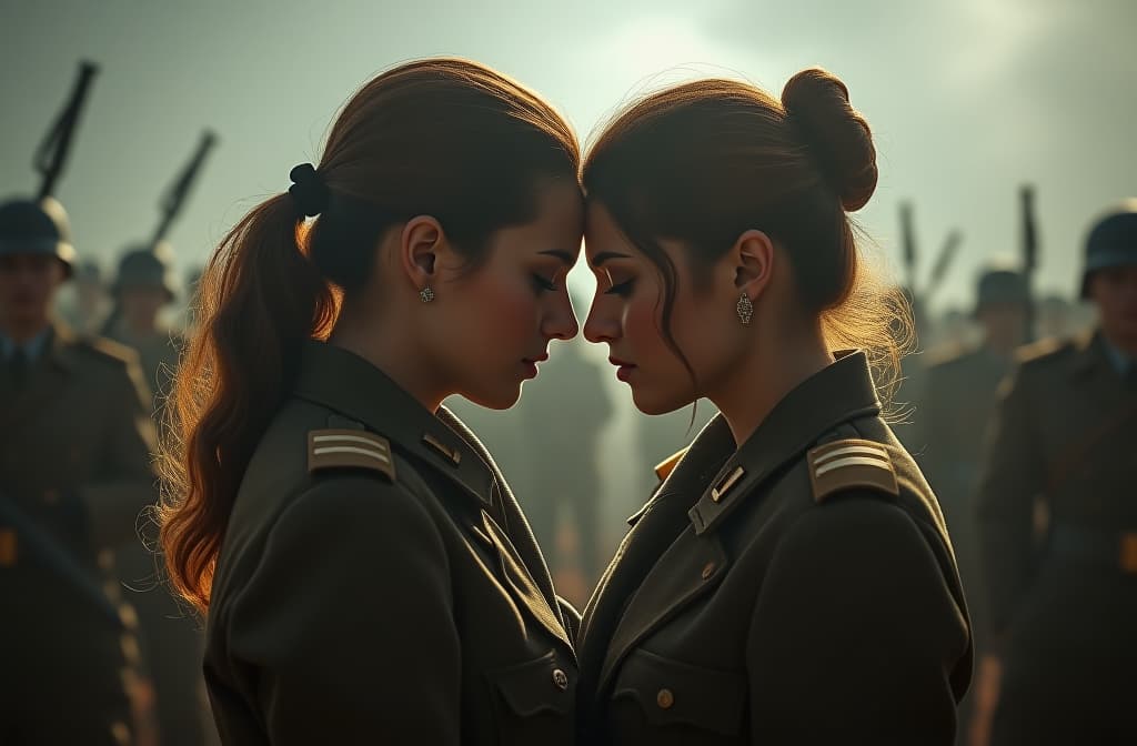  "el amor se convierte en el arma más poderosa contra la crueldad nazi en una historia de coraje y esperanza. mujeres en medio de la guerra soldados nasi hyperrealistic, full body, detailed clothing, highly detailed, cinematic lighting, stunningly beautiful, intricate, sharp focus, f/1. 8, 85mm, (centered image composition), (professionally color graded), ((bright soft diffused light)), volumetric fog, trending on instagram, trending on tumblr, HDR 4K, 8K