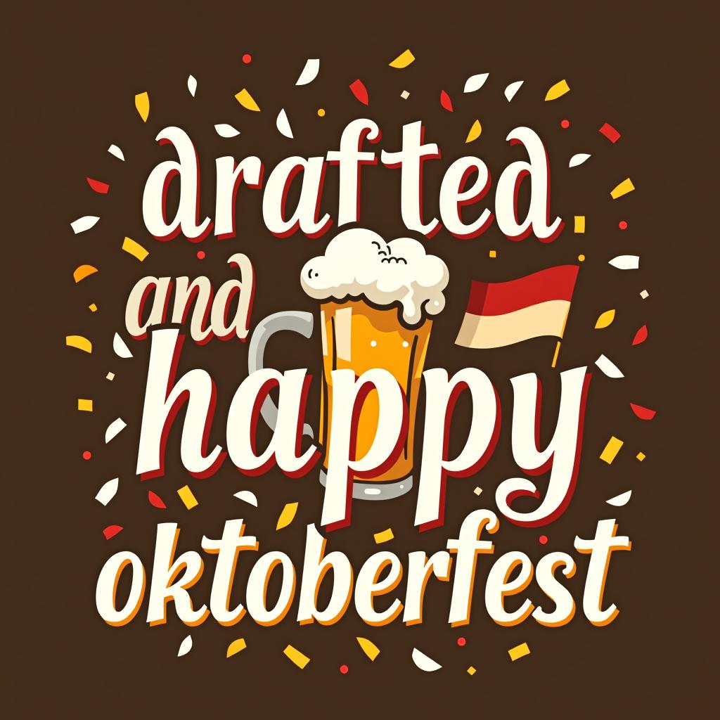  festive design with 'drafted and happy.' bold celebratory font with a beer stein and confetti with bavarian flag. place the word oktoberfest at the bottom of the image