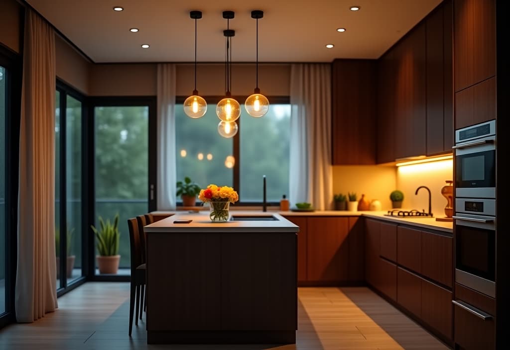  a landscape photo of a cozy small kitchen with pendant lights hanging over a compact island, casting a warm glow on sleek countertops and modern appliances, shot from a low angle hyperrealistic, full body, detailed clothing, highly detailed, cinematic lighting, stunningly beautiful, intricate, sharp focus, f/1. 8, 85mm, (centered image composition), (professionally color graded), ((bright soft diffused light)), volumetric fog, trending on instagram, trending on tumblr, HDR 4K, 8K