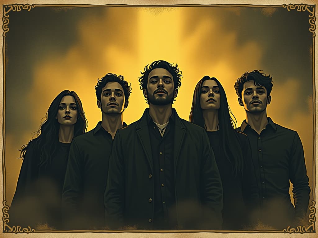  group standing together, subtle smiles, heads held high, energy radiating from them, ambient golden light, feeling of accomplishment, humility and exhilaration. an illustration in the style of a worn, mystical old tarot trump card, mysterious and elements of surrealism. the colors are muted, somber and eerie, but with contrast bring out an occult and esoteric vibe.