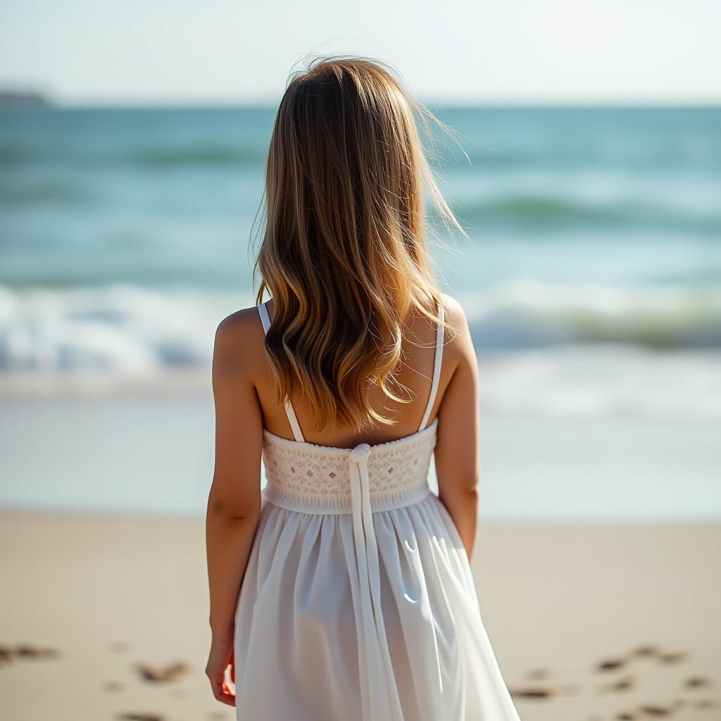  the girl is standing with her back to the camera on the shore in a white dress.