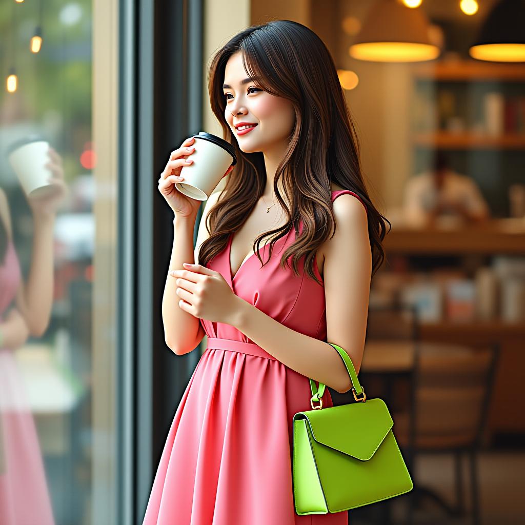  a girl in a pink dress with a lime green handbag is drinking coffee.