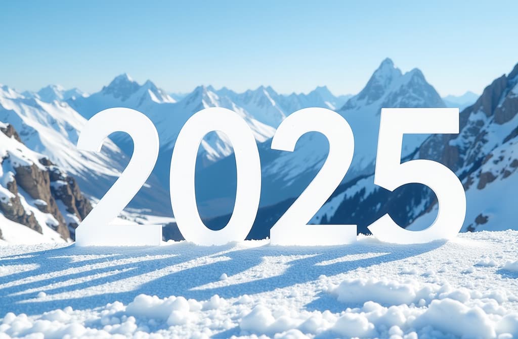  the text "2025" is handwritten in large white letters, next to alpine skis in the snow against the backdrop of the alpine mountains {prompt}, maximum details